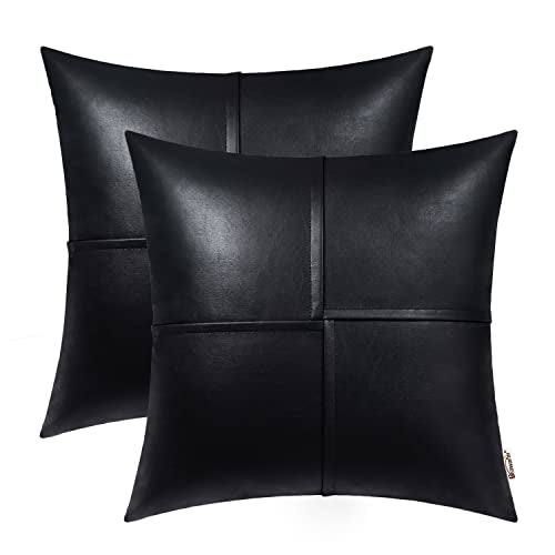 Brawarm Faux Leather Throw Pillow Covers 16 X 16 Inches, Black Leather Pillow Covers Pack Of 2, Hand Stitched Leather Decorative